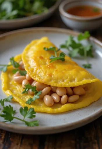 Bánh xèo cu fasole mung, decorat cu coriandru proaspăt