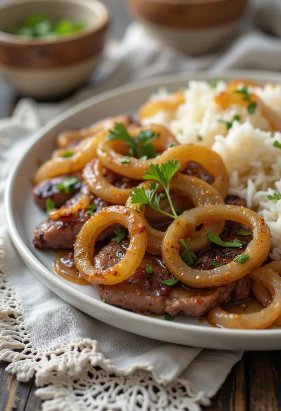 Bistec Encebollado, vită cu ceapă pe farfurie