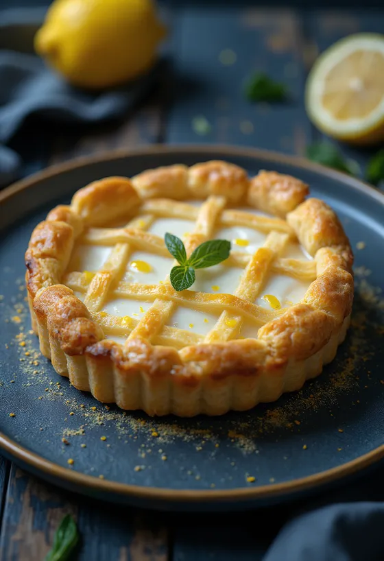 Crostata cu ricotta și coajă de lămâie servită, plăcintă italiană rustică