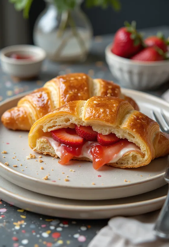 Croissant cu căpșuni servit