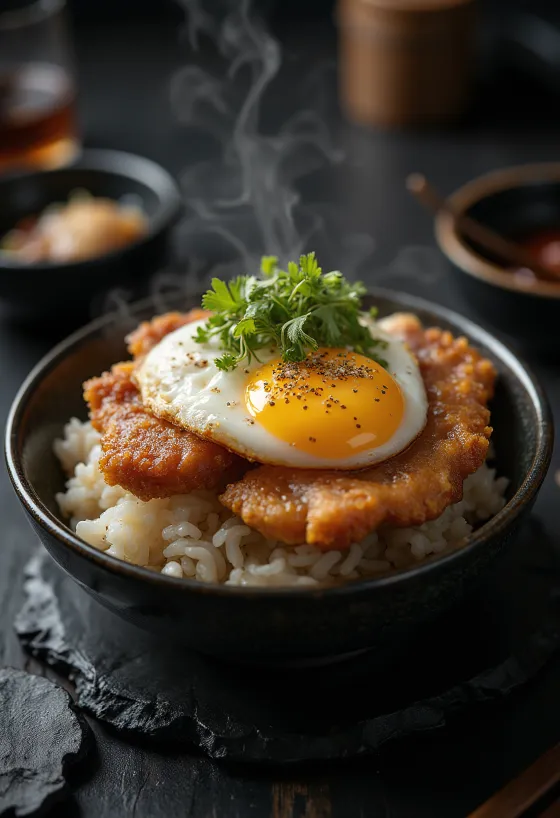 Katsu Don servit, cu carne de porc crocantă și ceapă verde