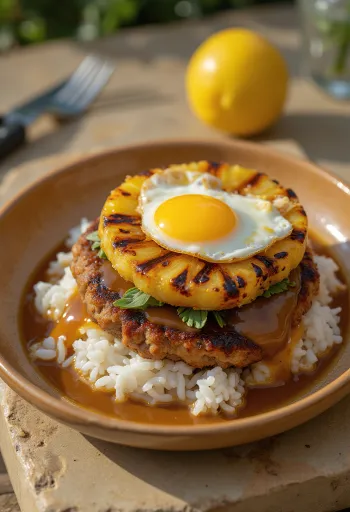 Loco Moco cu ananas prăjit, servit cu orez, chiftea, ou și felii de ananas prăjit
