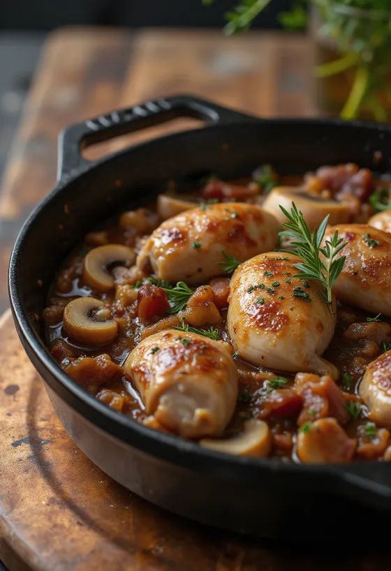 Pheasant casserole servit într-un vas rustic cu ierburi proaspete