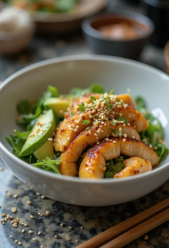 Salată de pui condimentat cu Togarashi, avocado și limetă