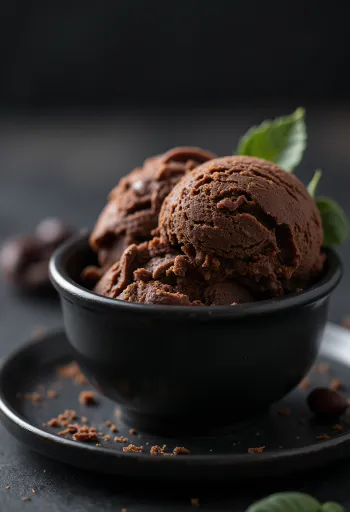 Înghețată de ciocolată cu boabe de tonka servită cu fulgi de ciocolată