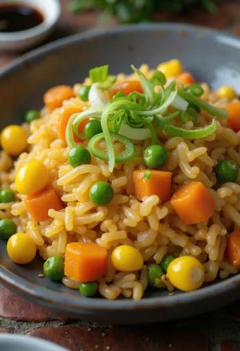 Orez prăjit vegan cu legume, servit proaspăt într-un wok.