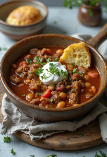 Chili de cerb servit într-un bol rustic