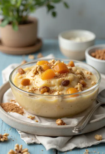 Aşure cu grâu, decorat cu nucă, stafide și scorțișoară.