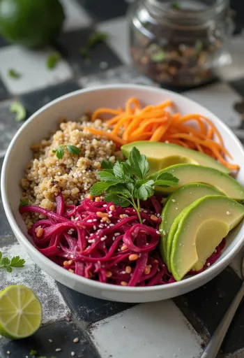 Buddha Bowl cu quinoa și sfeclă servit cu legume proaspete