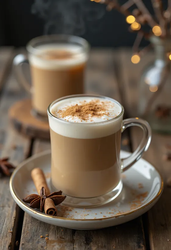 Chai tea latte în cană, decorat cu scorțișoară și cardamom