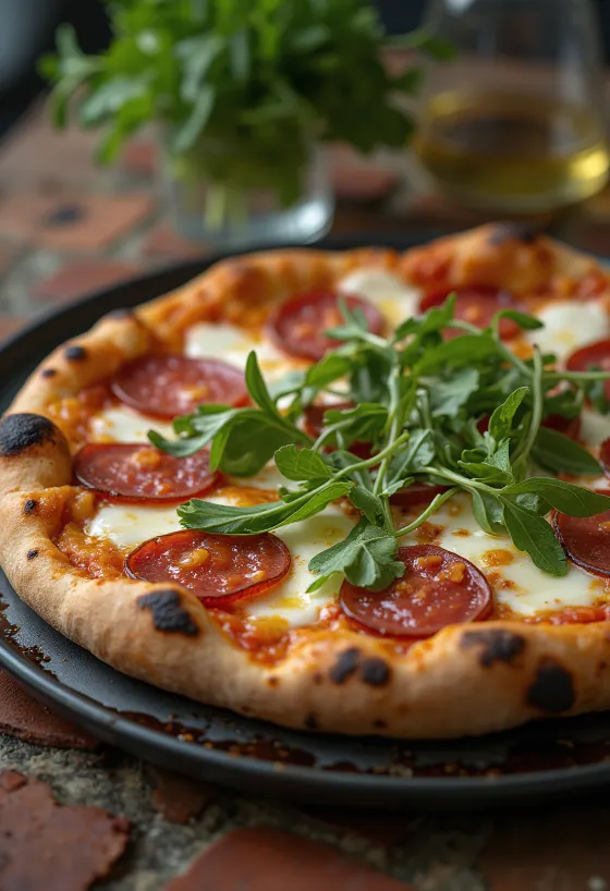 Pizza Diavola cu rucola și salam condimentat