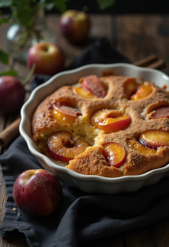 Tort de prune cu scorțișoară servit cu zahăr pudră și scorțișoară