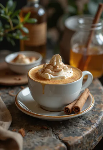 Latte decorată cu frișcă și baton de scorțișoară