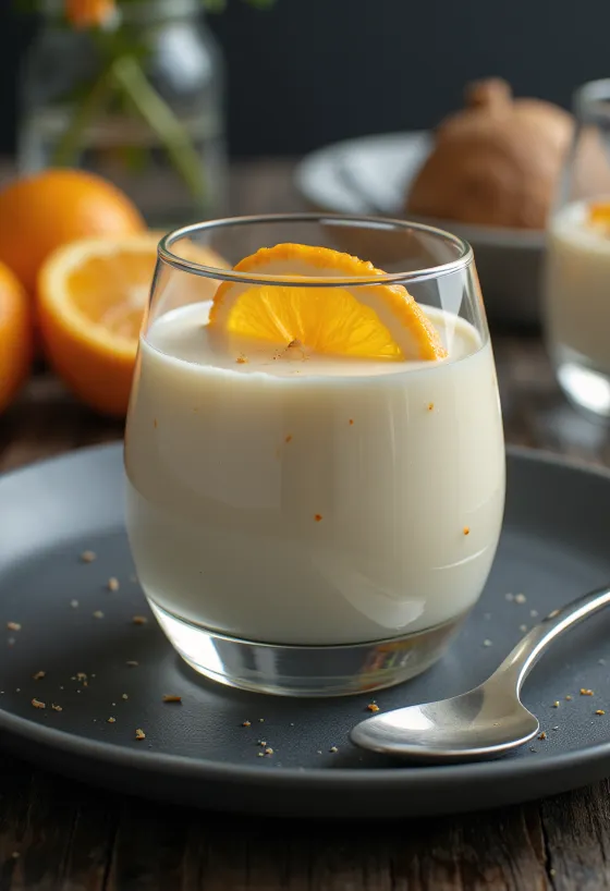 Panna cotta cu portocale servită