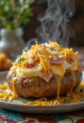 Cartofi umpluți cu cașcaval, șuncă și legume la cuptor