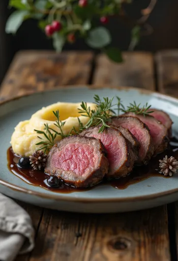 Mușchi de cerb cu sos de ienupăr servit cu legume la cuptor