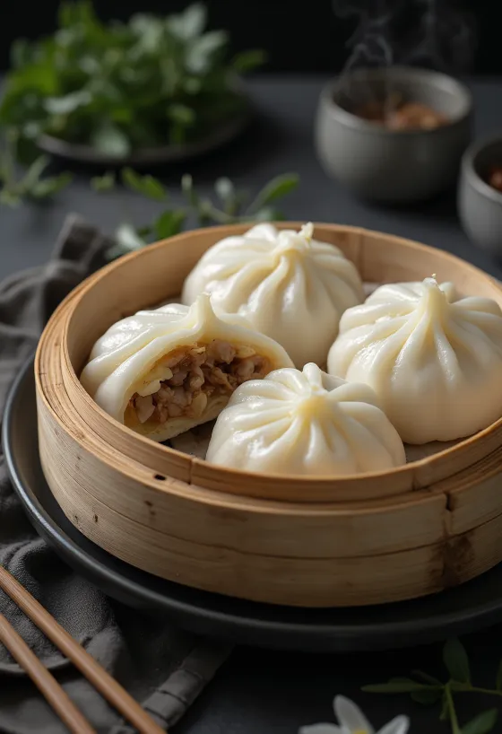 Chiflă umplută chinezească baozi proaspăt gătită la abur