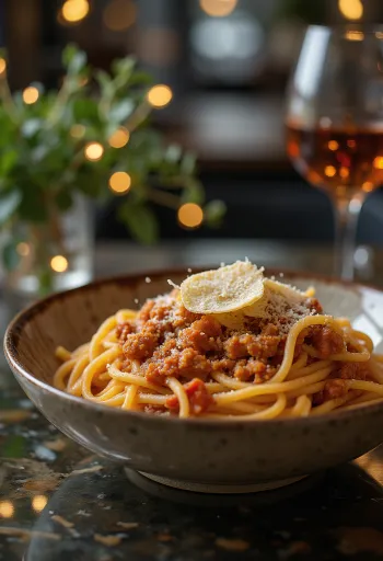 Spaghete Bolognese presărate cu busuioc proaspăt și parmezan