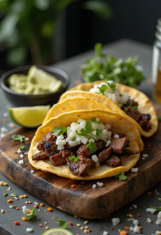 Taco carne asada servit cu lime și coriandru