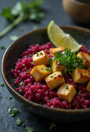 Buddha Bowl cu curry de quinoa și sfeclă servit cu tofu și lime