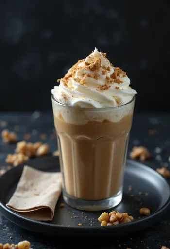Frappuccino decorat cu frișcă și nucă măcinată