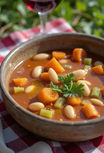 Fasolada gătită cu vin alb, supă de fasole servită cu ulei de măsline proaspăt