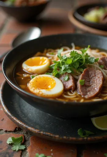 Pho cu ou și vită servit în bol, supă cu ou, carne de vită și paste de orez, cu coriandru proaspăt și felii de lime