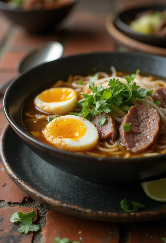 Pho cu ou și vită servit în bol, supă cu ou, carne de vită și paste de orez, cu coriandru proaspăt și felii de lime