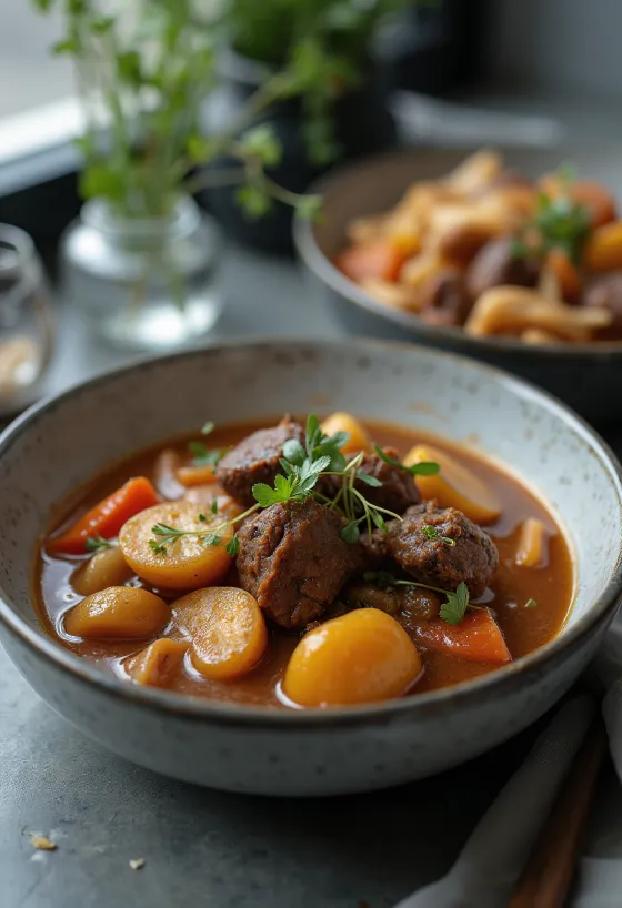 Porcupine stew servit într-un bol rustic cu ierburi proaspete
