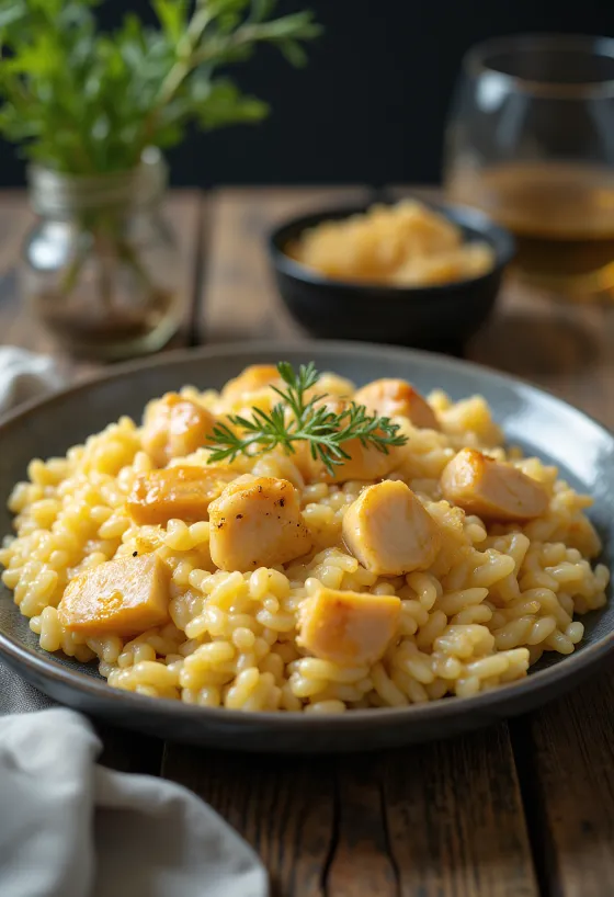 Risotto cu pui, servit cu parmezan și pătrunjel proaspăt