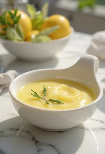 Sos de lămâie cu rozmarin într-un bol alb