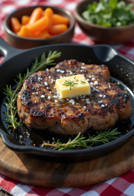 Steak de iac servit cu legume la cuptor și rozmarin proaspăt