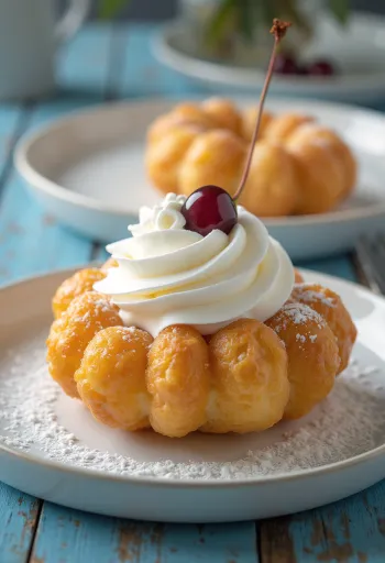 Zeppole servit cu frișcă, aluat proaspăt și ușor