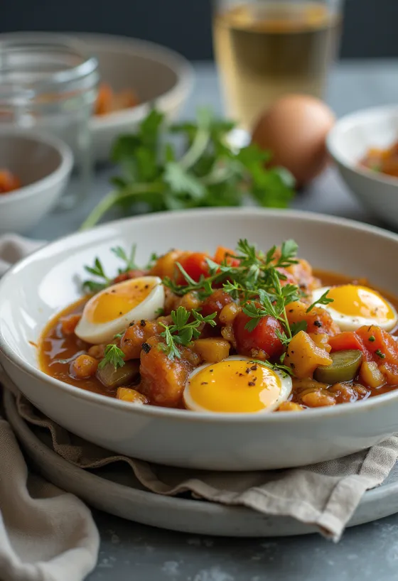 Caponata în variantă vegană servită cu vinete, măsline și sos de roșii