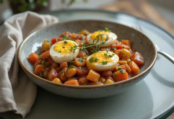 Caponata în variantă vegană servită cu vinete, măsline și sos de roșii