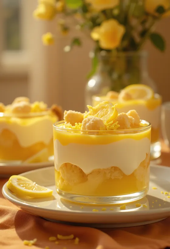Vis de lămâie cu pișcoturi stratificate și cremă de mascarpone, decorat cu lămâie proaspătă