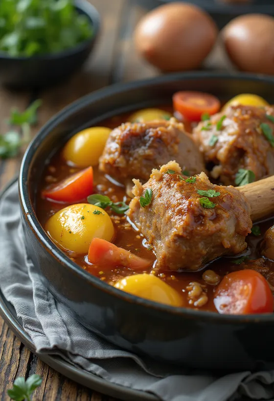 Khashlama servită cu carne de miel și legume