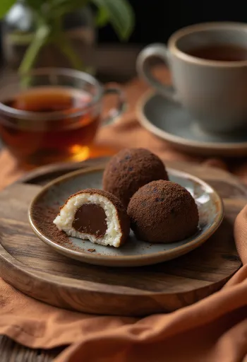 Mochi umplut cu ciocolată, tăvălit prin cacao, dulciuri japoneze delicioase