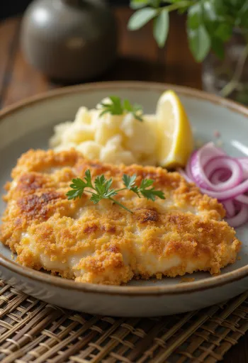 Pork schnitzel with potato salad servit pe o farfurie