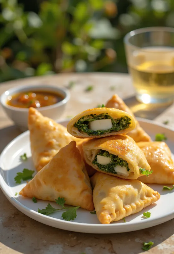 Samosa cu spanac și paneer servită