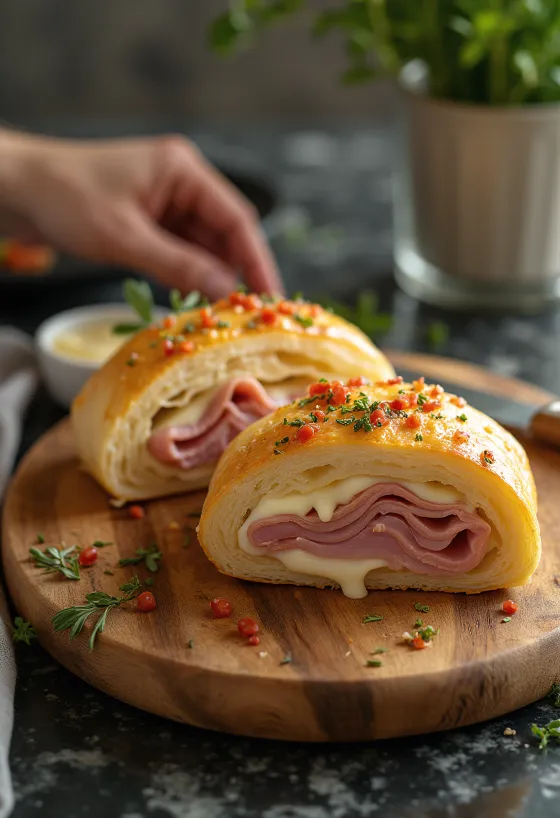 Stromboli cu șuncă, servit cu șuncă bogată și mozzarella topită deasupra, crocant la exterior și moale la interior.