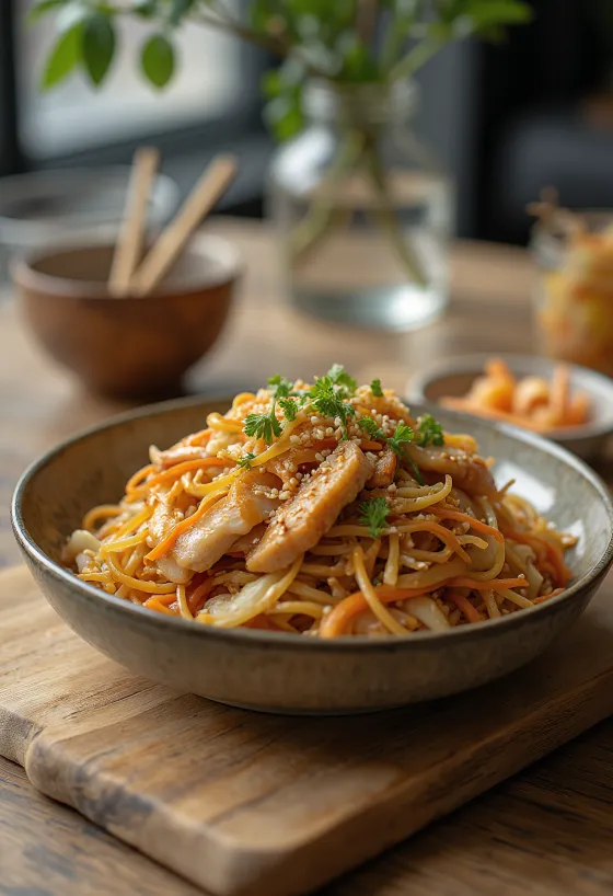 Yakisoba cu pui, tăieței japonezi la wok cu legume crocante