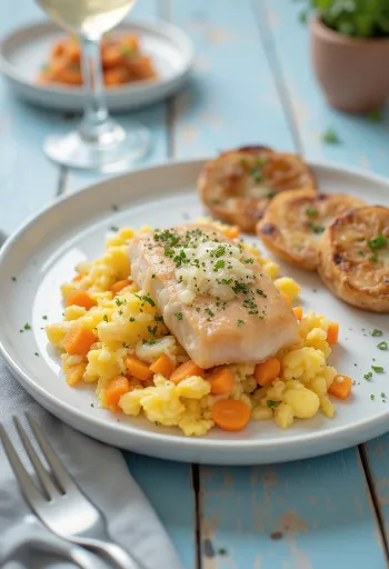Bacalhau à Brás pe farfurie, peștele, oul și verdețurile se amestecă