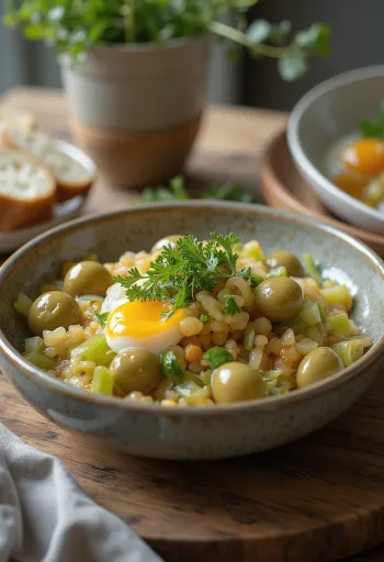 Caponata cu țelină și măsline servită cu vinete și roșii în bol rustic