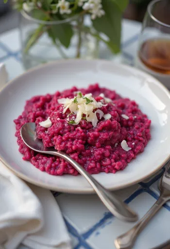 Risotto cu sfeclă, textură cremoasă, servit cu pătrunjel proaspăt și parmezan vegan.