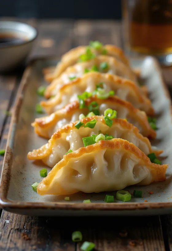 Gyoza cu usturoi și umplutură de carne, cu bază crocantă și culoare aurie.
