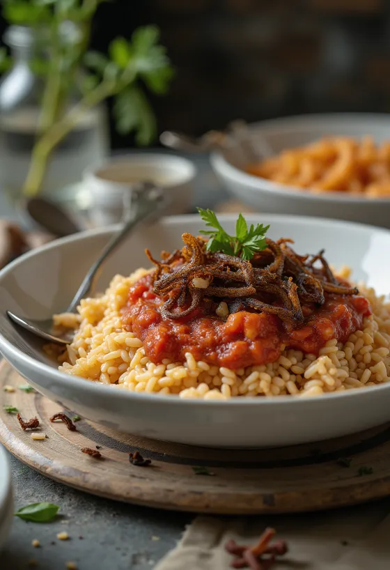 Koshari cu busuioc, mâncare egipteană din orez, linte și macaroane, în sos bogat de roșii, cu busuioc