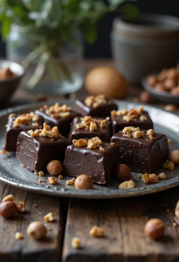 Rahat cu ciocolată servit, decorat cu alune măcinate și nucă de cocos