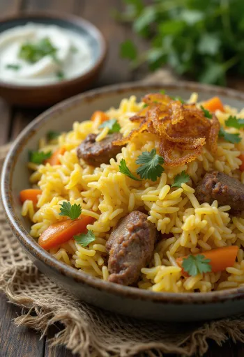 Biryani cu legume și miel, orez condimentat bogat și carne de miel fragedă