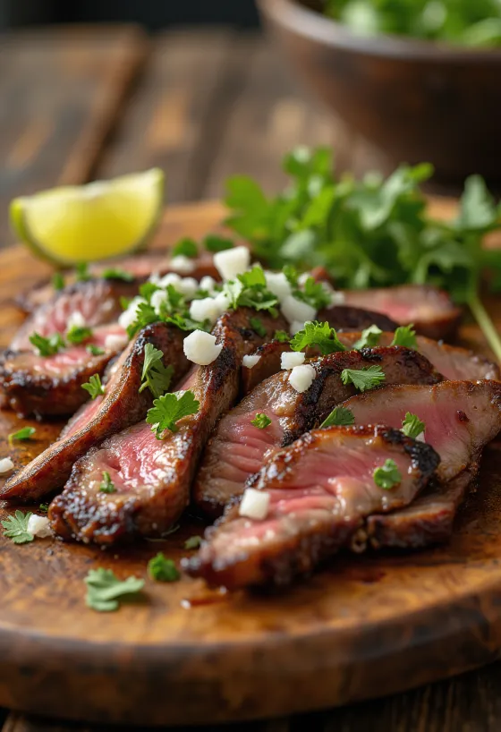 Carne asada servită cu tortilla și salată